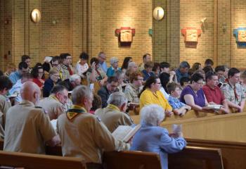 Scouts and their families gather for the annual Allentown Diocese Catholic Committee on Scouting annual Religious Emblem Awards Ceremony May 21 at St. Mary, Kutztown. (Photo by John Simitz)