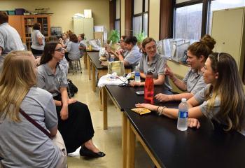 A group of teachers from St. Ann School, Emmaus enjoying lunch and a discussion are, from left, Kayla Stanek, Breanna Watkins, Caitlyn Shuster, Jaclyn Rocks and Rachel Knecht.
