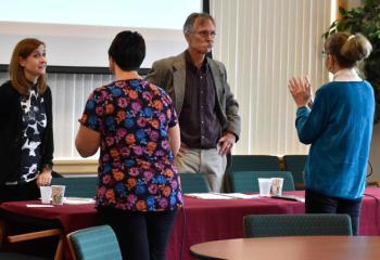 Workshop presenters Caroline DiPipi-Hoy, left, and Daniel Steere take questions from participants during the break.