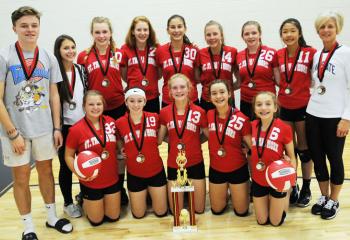Members of the volleyball team from St. Thomas More, Allentown, who won the CYO Volleyball Tournament, are from left: front, Jillian Schmidt, Alexa Lehman, Carly Rohrbach, Lauren Nelson and Hannah Horvath; back, assistant coach Stephen Reynolds, coach Jenny Kozuch, Reilly Blair, Elena Pursell, Kaitlyn Janny, Caleigh Nelson, Kylie Heinze, Kara Wang and coach Jessica Reynolds. 