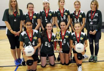 Members of the volleyball team from St. Anne, Bethlehem, who placed second in the CYO Volleyball Tournament, are from left: front, Stella Fazil, Andrea Falteich, Adriana Dias and Lilly Paranee; back, coach Anne Cleaver, Vanessa Speciale, Nicole Meehan, Elizabeth Williams, Simone Reyes and coach Elizabeth Williams.