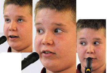 Liam Skopal of St. Theresa School reacts with a variety of eye movements as he spells different words.