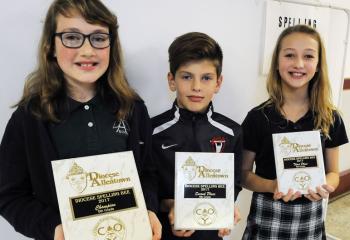 Sixth-grade winners of the spelling bee are, from left: champion Rylee Denion, St. Michael the Archangel School; Luke Sterns, St. Jerome Regional School, Tamaqua, second place; and Emma Lieberman, St. Michael the Archangel School, third place.
