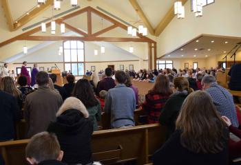 Faithful from St. Benedict, Mohnton participate in the Mass in celebration of their Family Life Center.