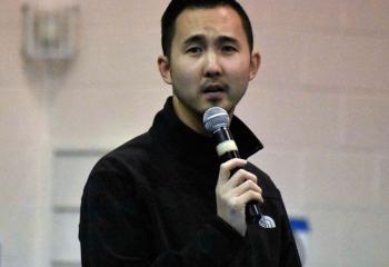 Paul Kim discusses faith, hope and love at the confirmation rally. (Photo by John Simitz)