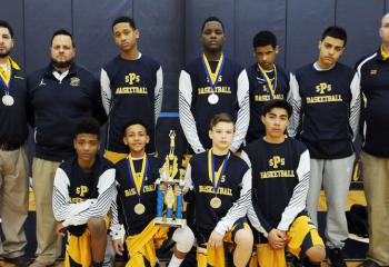 The grade school boys of St. Peter, Reading hold the second-place trophy, from left: front, Josiah Jordan, Jeury Villavicencio, Evyn Gruber and Diego Zavala; back, coach George Anthony Fields, head coach Danny Dominguez, Daniel Alcantara, Aric Burton, Emmanuel Figueroa, Gabriel Navarro and coach Mike Searfoss. Not pictured are Armanni Dominguez, DeShawn Wilson and Joeile Torres. 