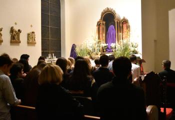 Youth from the Cathedral of St. Catharine of Siena, Allentown visit St. Stephen of Hungary, Allentown and meditate before statues, crucifixes and saint images veiled in purple cloth. The custom of veiling religious images symbolizes sadness and mourning.