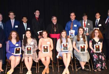 Bishop’s Catholic Scholars and officials gather for the Bishop’s Catholic Scholar Society Awards Ceremony, from left: front, Shannon O’Neil; Katrina Mulherin; Marisa Linsky; Julia Hoben; Emily Yordy; Shea Elliott; back, Brooke Tesche, deputy superintendent of secondary education and special education; John Bakey, diocesan chancellor for Catholic education; Harrison Stevens; Jacob Arquisola; Nick Zambo; Bishop of Allentown Alfred Schlert; Max Nolter; Ty Daubert; Brian Myers; and Dr. Philip Fromuth, Diocesan 