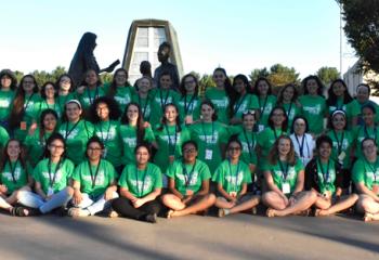 The Fiat Days girls gather for a group photo prior to the July 18 outdoor Stations of the Cross. Sister Rose Bernadette Mulligan is at back right.
