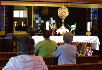 Parishioners pray before the Blessed Sacrament at St. Joseph the Worker, Orefield. (Photo by John Simitz)