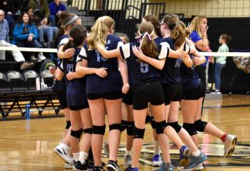 The girls’ volleyball team from LaSalle Academy, Shillington huddles up Oct. 28 before their match against Holy Guardian Angels, Reading during the Catholic Youth Organization (CYO) volleyball tournament at Berks Catholic High School, Reading. LaSalle won the match 25-14; 25-21.