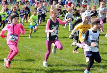 Runners in kindergarten, first- and second-grade start the girls’ race during the CYO District 1 Diocesan Cross Country meet.