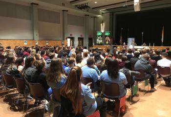 More than 150 Confirmation candidates and their DREs listen to talks presented by NET Missionaries.