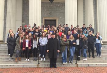 The Crusaders of Notre Dame High School, Easton arrive at the Basilica of the Assumption in Baltimore, Maryland to pray for the sacredness of all human life. (Photo courtesy of Father Gene Ritz, chaplain of Notre Dame High School)
