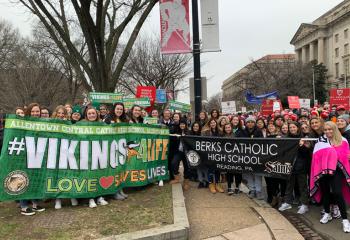The Berks Catholic High School, Reading group meets up with the Allentown Central Catholic High School group during the march. (Photo courtesy of Father Stephan Isaac, chaplain of Berks Catholic)