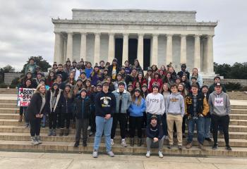 The Notre Dame High School, Easton group at the Supreme Court building. (Photo courtesy of Father Gene Ritz, chaplain of Notre Dame High School)