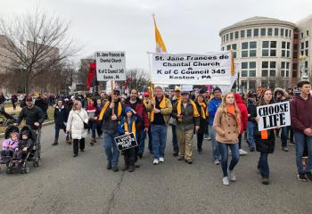 Marchers from St. Jane Frances de Chantal Parish, Easton and Knights of Columbus Council 345, Easton take to the streets in their yellow scarves. (Photo courtesy of Andrew Azan III)