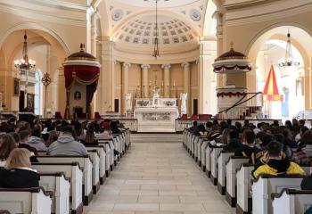 The Baltimore basilica is filled with students from Allentown Central Catholic High School; Notre Dame High School, Easton; Marian High School, Tamaqua; Notre Dame High School, Easton; and Berks Catholic High School, Reading. (Photo courtesy of Father Mark Searles)