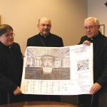 The Most Rev. Edward P. Cullen, D.D, Bishop of Allentown, center, reviews plans in March 2005 for the renovation project under way at the Cathedral of St. Catharine of Siena, Allentown, to beautify the church structure and bring it into conformity with current liturgical guidelines, with the Rev. Msgr. Alfred A. Schlert, J.C.L., V.G., Diocesan Vicar General, left, and the Very Rev. Albert J. Byrne, V.F., Rector of the Cathedral.