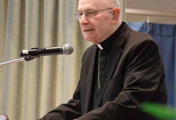 “Remember you’re all called to subordinate your will to the will of the Father – if not you can’t glorify God. And what does God need from us except to glorify him?” Bishop Emeritus Edward Cullen tells those gathered. (Photo by John Simitz)