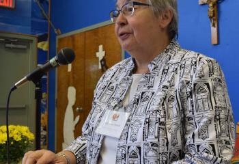 Bernardine Sister Christen Shukwit offers a morning presentation on “Spirituality of Caregiving,” followed by lunch and activities for pampering the caregivers. (Photo by John Simitz)