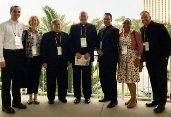 (L to R) Seminarian Matthew Kuna, Secretary Catholic Life and Evangelization Mary Fran Hartigan, Bishop-elect Alfred A. Schlert, USCCB President Archbishop Joseph E. Kurtz, Fr. Keith Mathur, Director Office of Hispanic Affairs Bernarda Liriano, and Fr. Mark Searles.