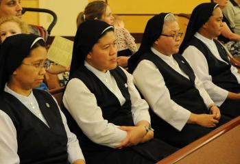 Priests, deacons and faithful from the 21 parishes that comprise the Northampton Deanery listen to the homily during the Mass that welcomed Bishop Schlert as the new Bishop of Allentown. “Bishop Schlert possesses the heart of a shepherd. We are greatly blessed. To him, we pledge our loyalty, support, fidelity and our continued prayers,” said Msgr. Stephen Radocha, pastor of St. Jane.