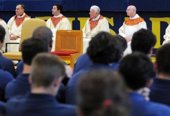 Pastors of some of the parishes whose high school students attend Notre Dame High School participate in the Mass, from left: Father Christopher Butera, school chaplain; Msgr. Stephen Radocha, Father Stephan Isaac, Msgr. Edward Sacks, Father John Barbellaand, and Father Robert George.