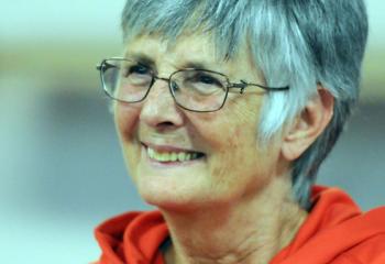 Susan Gold enjoys the discussion about meditating while praying the rosary.