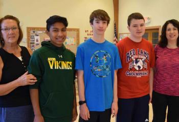 The youth group of Holy Trinity, Whitehall helps out at the breakfast program, from left, Linda Legath, Alex Bauer, Luke Gutman, Ryan O’Donnell and Monica Gutman. (Photo by John Simitz)