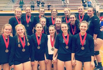 The girls’ volleyball team of Nativity BVM High School, Pottsville, the District XI Class A runner ups, display their silver medals.(Photo courtesy of Jennifer Daubert) 