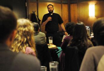 Father Landis answers a question about “The Hobbit” and “The Lord of the Rings” during the informal discussion.