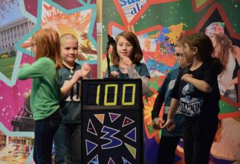 St. Francis Academy, Bally third grade students contemplating the correct answer during “The Brain Show” are, from left, Sierra Keenan, Michael Frank, Virginia Geiges, Landon Kosling and Isabella Fernzzi. (Photo by John Simitz)