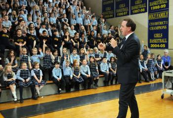 Dan Skeldon, WFMZ-TV 69 meteorologist, asks a question while visiting Holy Family School, Nazareth to speak about weather systems in celebration of CSW. 