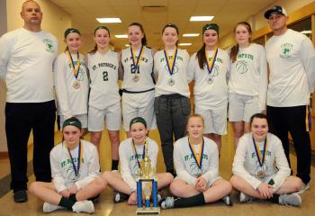 St. Patrick, Pottsville grade school girls with the second-place trophy, from left: front, Kamryn Abdo, Maya Golden, Alex Ball and Jill Guzick; back, coach Dennis Siket, Livia Hable, Brooke Siket, Taylor Welsh, Gillian Blankenhorn, Alex Blum, Jules Plachko and head coach Ron Abdo.  