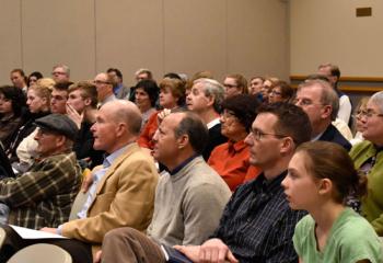 Those gathered listen to the lecture sponsored by the Notre Dame Club of the Lehigh Valley and hosted by the Salesian Center for Faith and Culture at DeSales.