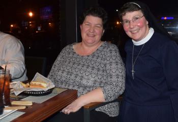 Sister Rose, right, chats during the break with Heidi Wilson, parishioner of Holy Guardian Angels, Reading.