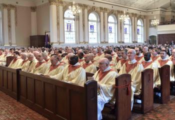 Priests for the Diocese of Allentown join together at the Cathedral of St. Catharine of Siena, Allentown for the Chrism Mass. This Mass manifests the unity of the priests with the Bishop and calls for priests to renew their commitment to serve Christ and his Church by professing the promises they made at their ordinations to the priesthood.