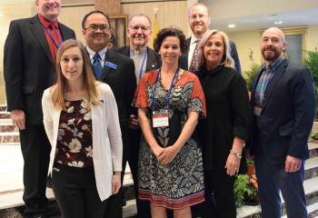 Speakers and organizers for the conference are, from left: front, Aubrie Miller, Christine Schulz, Joy Pinto and Dr. Joshua Schulz; back, Robert Olney, Roland Millare, Deacon Joseph Nines and master of ceremonies Stephen Phelan.