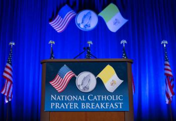 The stage of the National Catholic Prayer Breakfast is seen in Washington May 24. (CNS photo/Tyler Orsburn) 