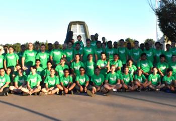 The Quo Vadis boys gather for a group photo before¬¬¬¬ the July 18 outdoor Stations of the Cross. Father Mark Searles is at back left and Father Christopher Butera is at back right.  cutline 16