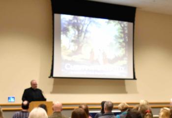 Those gathered listen to Father Bochanski’s evening presentation offered by the Diocese of Allentown Office of Adult Formation.