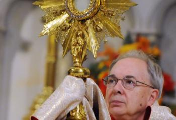 Father James Ward, pastor of Immaculate Conception, Jim Thorpe elevates the Eucharist Oct. 13 during the Holy Hour in Carbon County. (Photo by Ed Koskey)