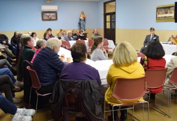 Dr. Chapp, right, responds to a question from Rick Dooley, left, assistant director of the Diocesan Office of Adult Formation during a session of “Truth: What the Catholic Church Really Teaches.”