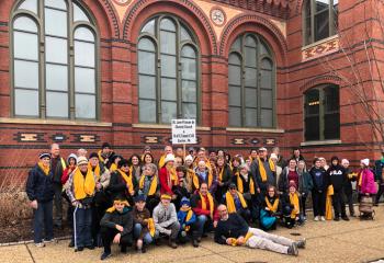 The group from St. Jane Frances de Chantal and Knights of Columbus Union Council 345 gather before leaving for the march. The bus had 52 passengers, including a handful of teenagers. (Photo courtesy of Andrew Azan)