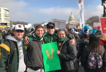 Making it clear ACCHS Vikings are for life are, from left, Matthew Blazofsky, Ryan Walczak, Sean Brosious and Sister Sophia Marie Peralta. (Photo courtesy of Father Mark Searles)