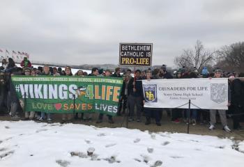 Voicing their pro-life spirit are students from ACCHS; Bethlehem Catholic High School (Becahi); and Notre Dame High School, Easton. (Photo courtesy of Father Mark Searles)