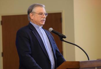 Father Torma offers the address during the “Stand Up for Life” banquet at St. Francis of Assisi, Allentown.