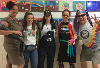 Faculty from Notre Dame of Bethlehem School (NDBS) wearing ’80s attire are, from left: Jennifer Flurer, kindergarten teacher; Karryssa Libener, art teacher; Rebecca Rivera, fifth grade teacher; Joanne Romero, technology teacher; and Joseph Wickel, physical education teacher. (Photo courtesy of NDBS)