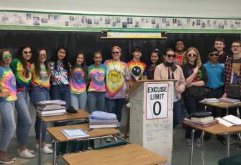 Members of the eighth grade class at Notre Dame of Bethlehem School show off their ’80s outfits during CSW. (Photo courtesy of NDBS)
